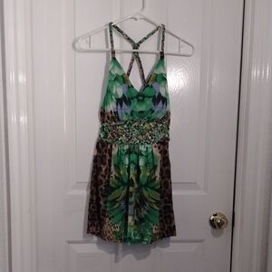 Green and Brown Patterned top Sz M